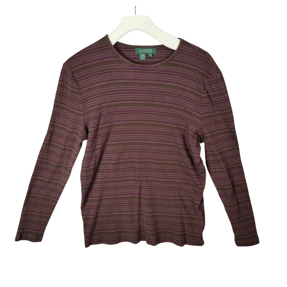 Ralph Lauren LRL Womens Plus 1X Striped Preppy Long Sleeve Knit Top Brown Purple